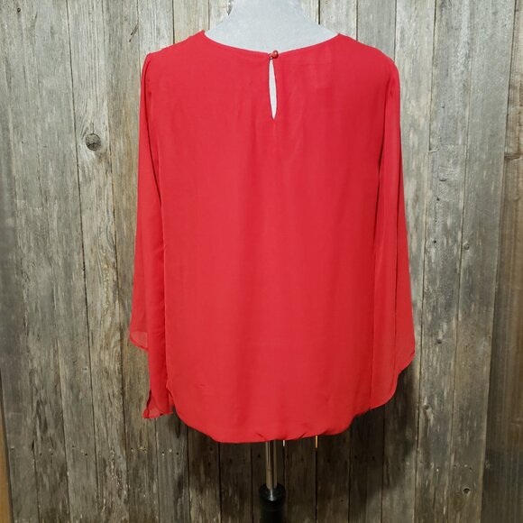 AB Studio XL Top Blouse Red Crochet Lace Neck Long Sleeve Pullover Chiffon - Picture 4 of 6